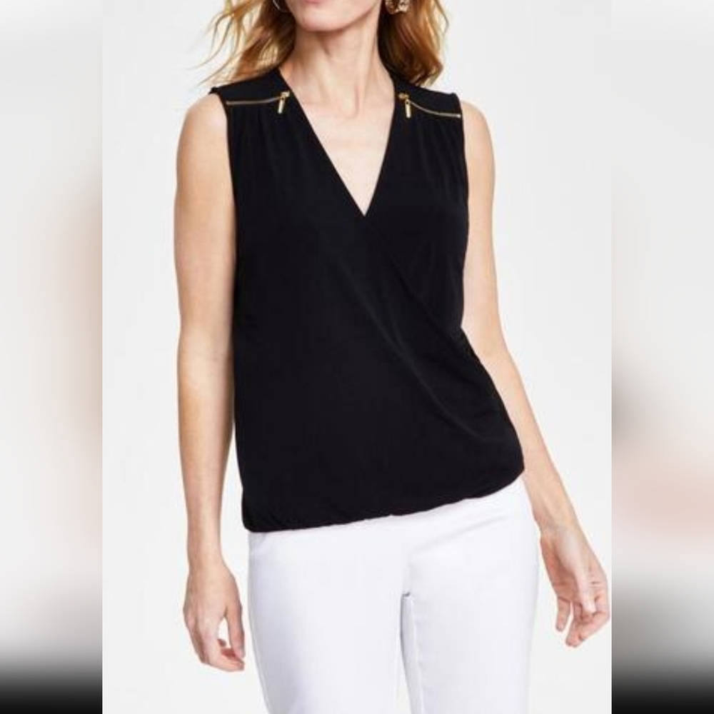 INC International Concepts Black Sleeveless Blouse with Gold Accents